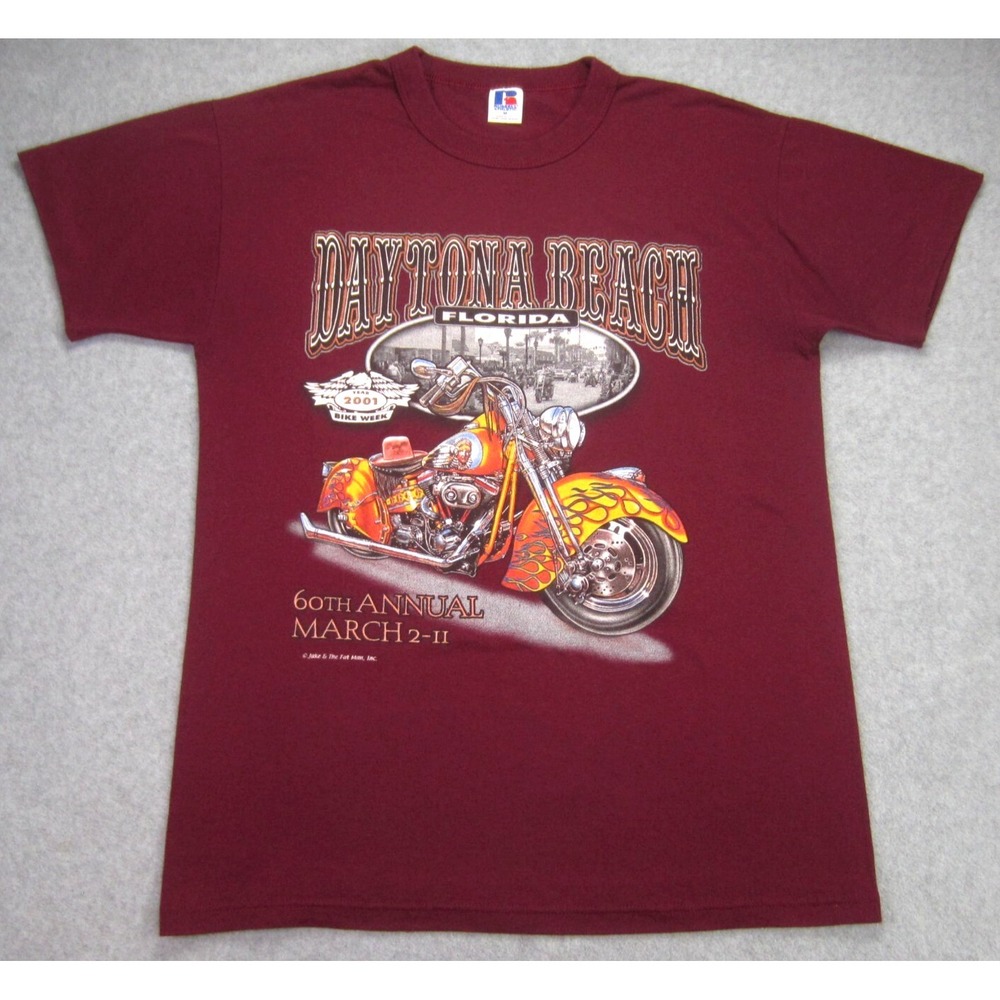 Mens M Vintage 2001 Daytona Beach Bike Week Shirt‎ Maroon Russell Athletic 60th